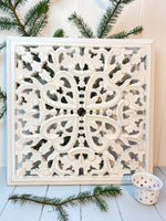 Distressed White Carved Wood Panel